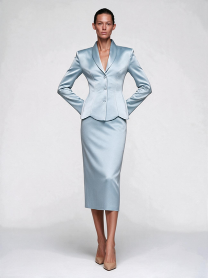 Zophia Satin Blazer & Maxi Skirt Set - Blue