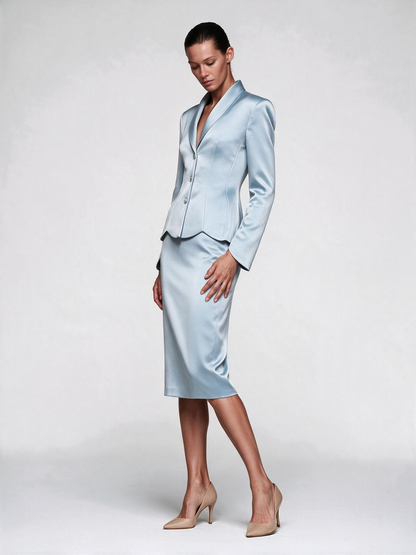 Zophia Satin Blazer & Maxi Skirt Set - Blue