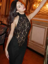 Sophisticated Black Lace Halter Bodycon Midi Dress
