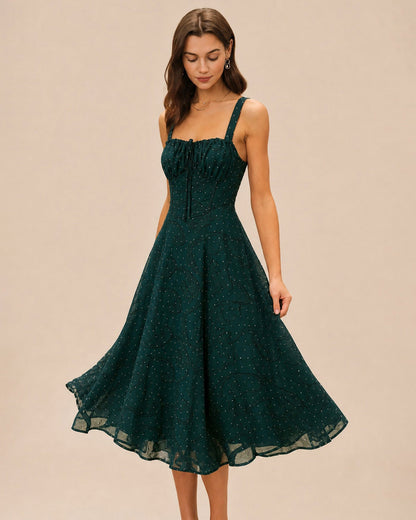 The Green Square Neck Jacquard Slit Midi Dress