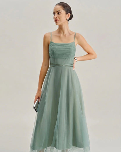Green Mesh Flowy Slip Midi Dress