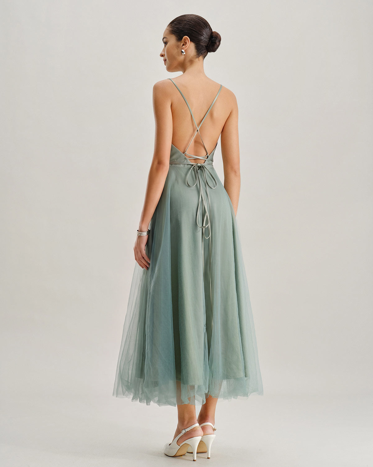 Green Mesh Flowy Slip Midi Dress