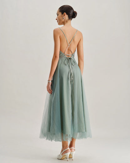 Green Mesh Flowy Slip Midi Dress
