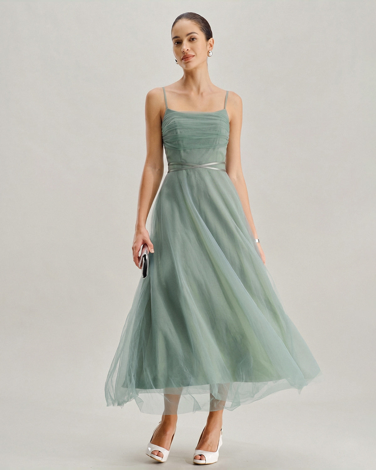 Green Mesh Flowy Slip Midi Dress