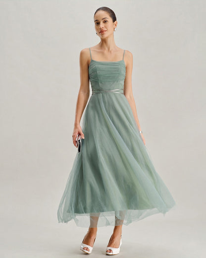 Green Mesh Flowy Slip Midi Dress