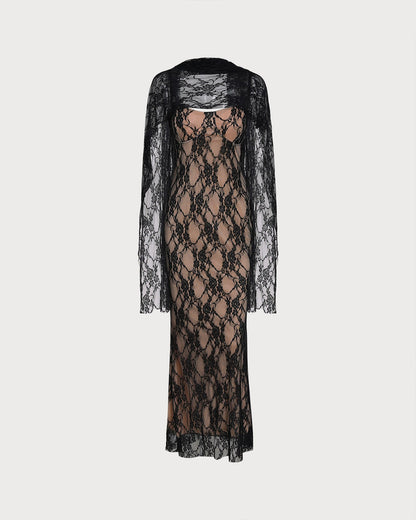 Black Lace Splicing Slip Maxi Dress