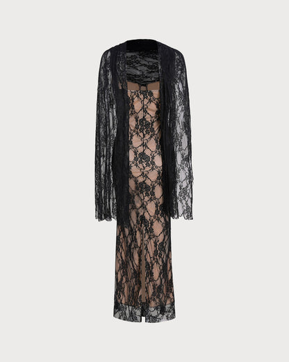Black Lace Splicing Slip Maxi Dress