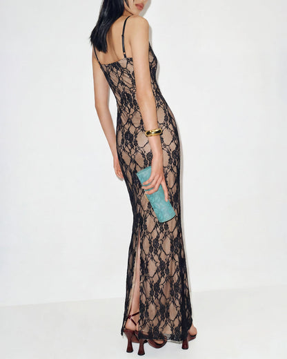 Black Lace Splicing Slip Maxi Dress