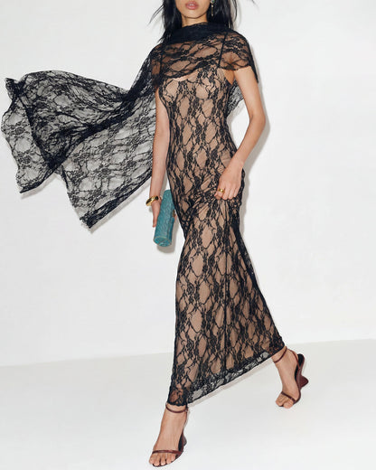 Black Lace Splicing Slip Maxi Dress