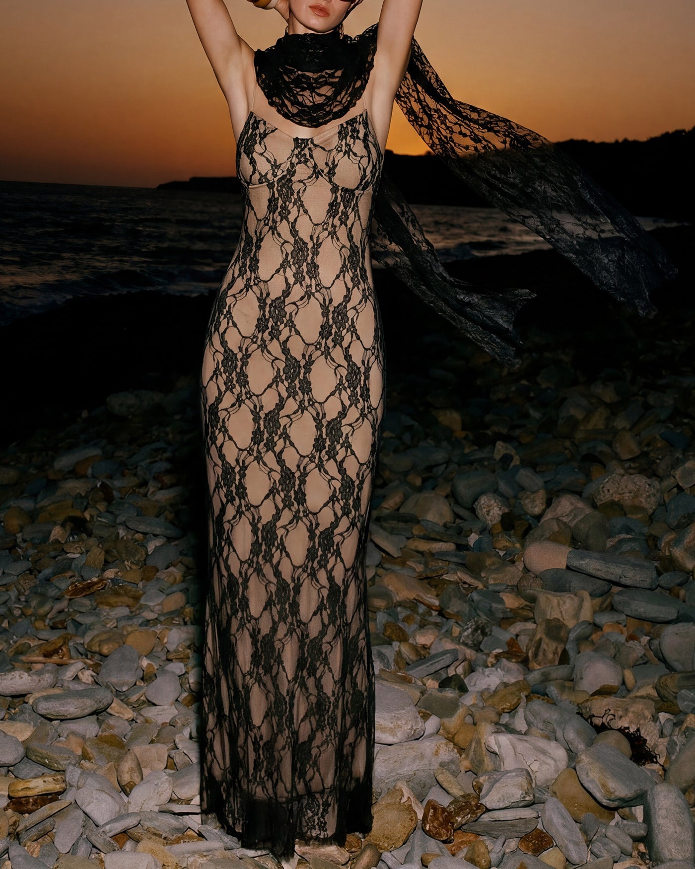 Black Lace Splicing Slip Maxi Dress