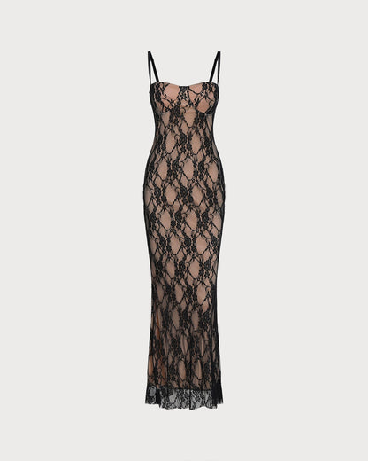 Black Lace Splicing Slip Maxi Dress