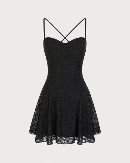 Black Sweetheart Neck Lace Mini Dress