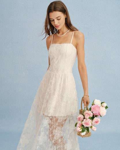 Apricot Sheer Lace Slip Maxi Dress