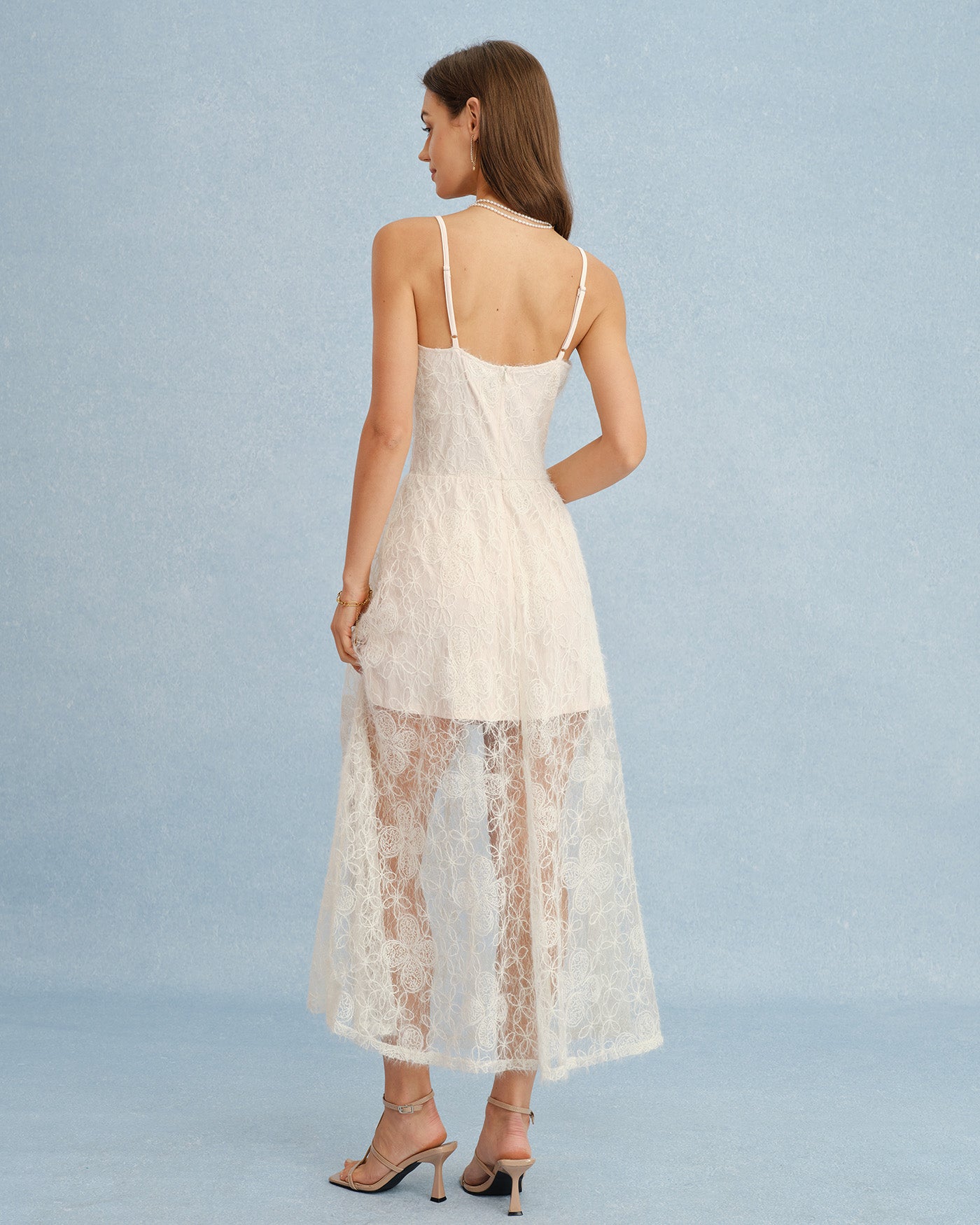 Apricot Sheer Lace Slip Maxi Dress