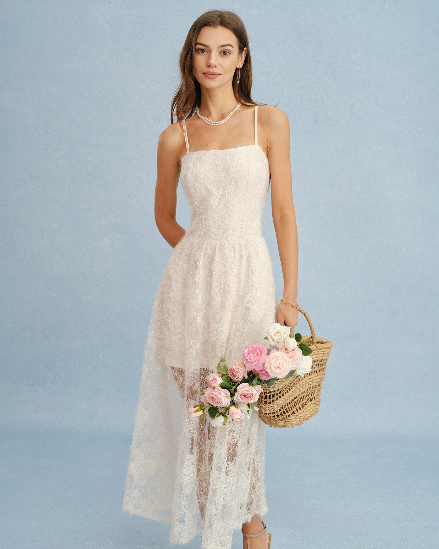 Apricot Sheer Lace Slip Maxi Dress