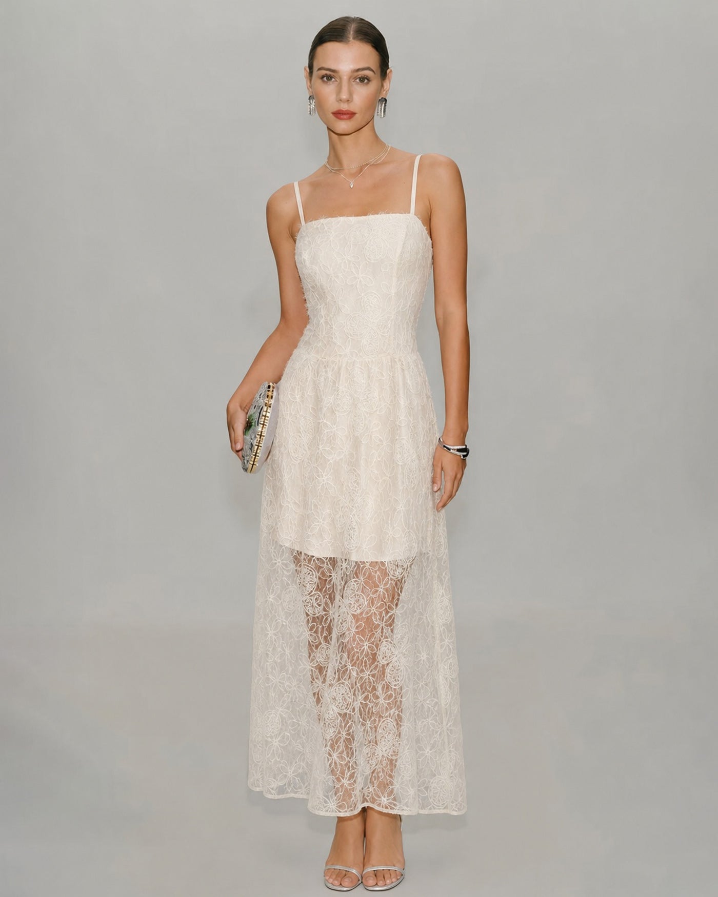 Apricot Sheer Lace Slip Maxi Dress