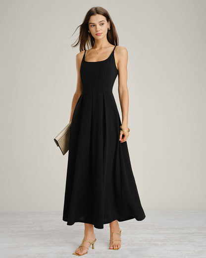 Black Ruched Slip A-Line Maxi Dress