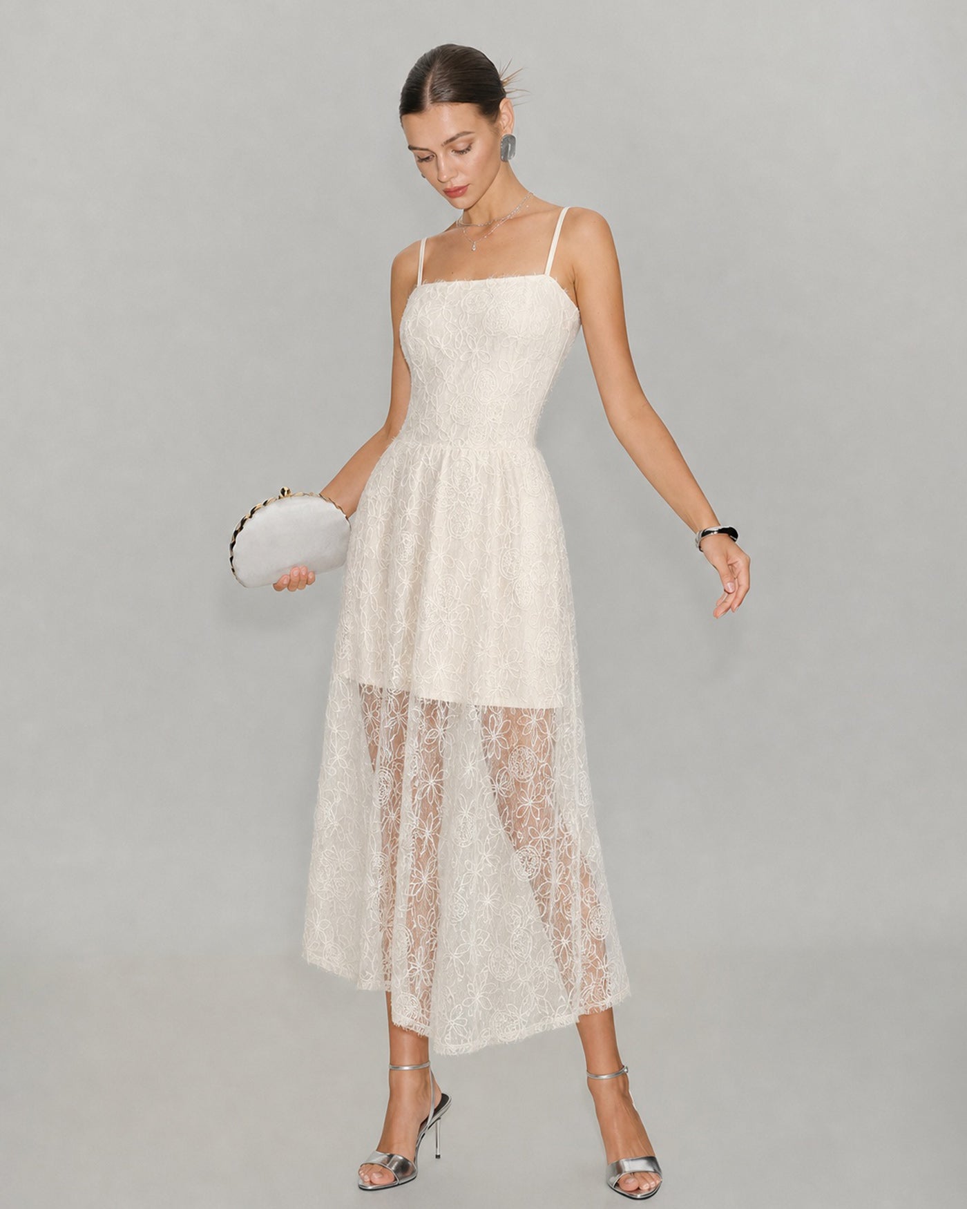 Apricot Sheer Lace Slip Maxi Dress