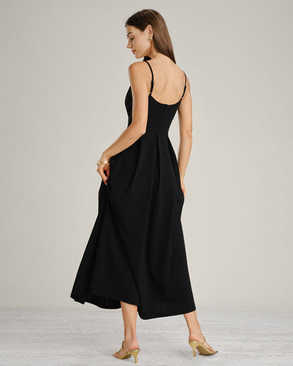 Black Ruched Slip A-Line Maxi Dress