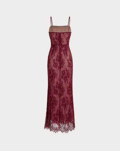 Wine Red Lace Slip Maxi Dress