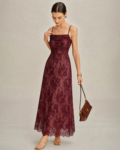 Wine Red Lace Slip Maxi Dress