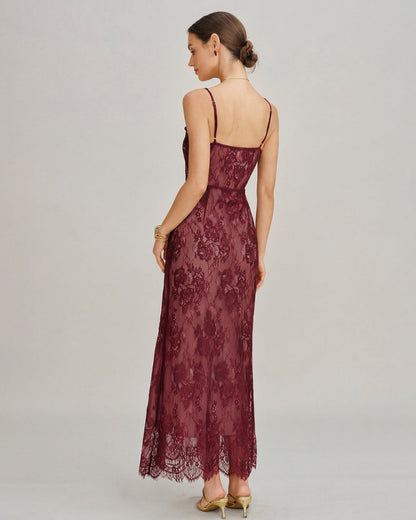 Wine Red Lace Slip Maxi Dress