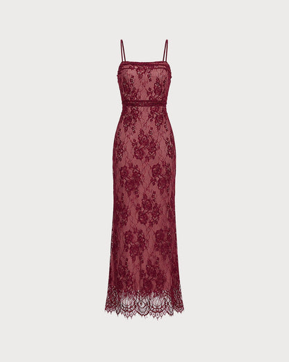 Wine Red Lace Slip Maxi Dress