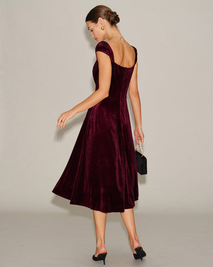 Red Velour Sweetheart Neck Midi Dress