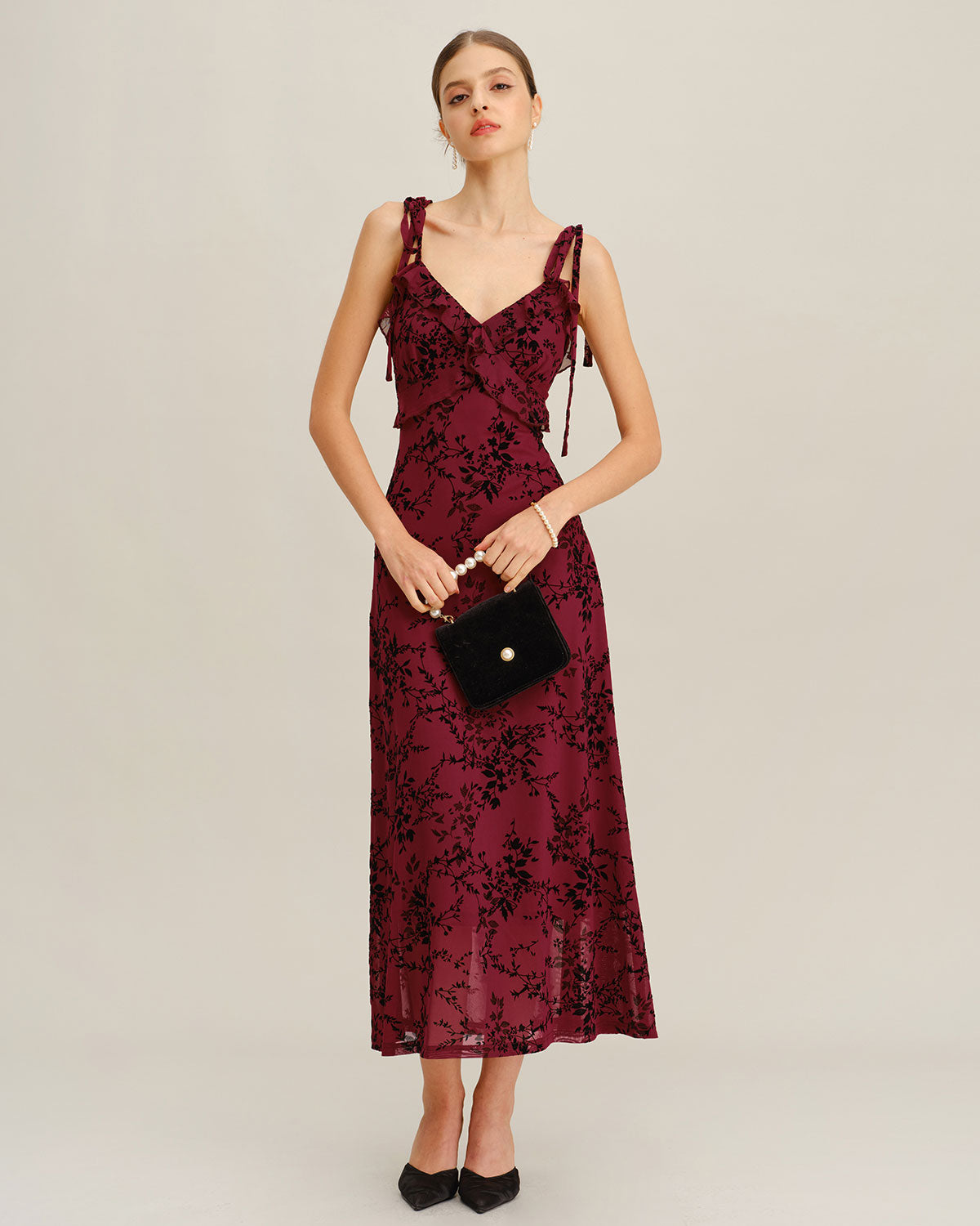 Red Floral Ruffle Slip Midi Dress