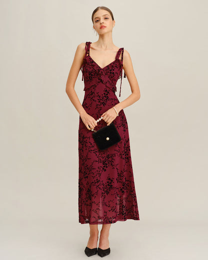 Red Floral Ruffle Slip Midi Dress