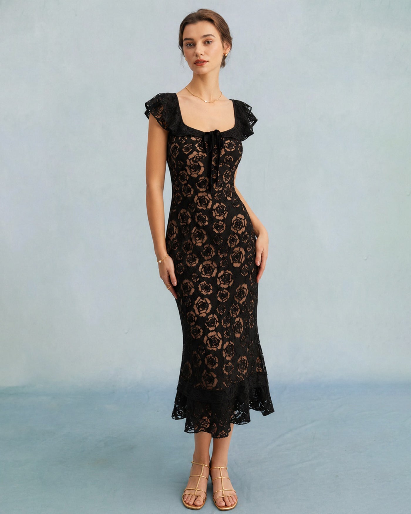 Black Textured Ruffle Mermaid Midi Dress
