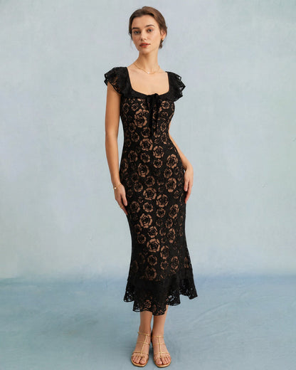 Black Textured Ruffle Mermaid Midi Dress