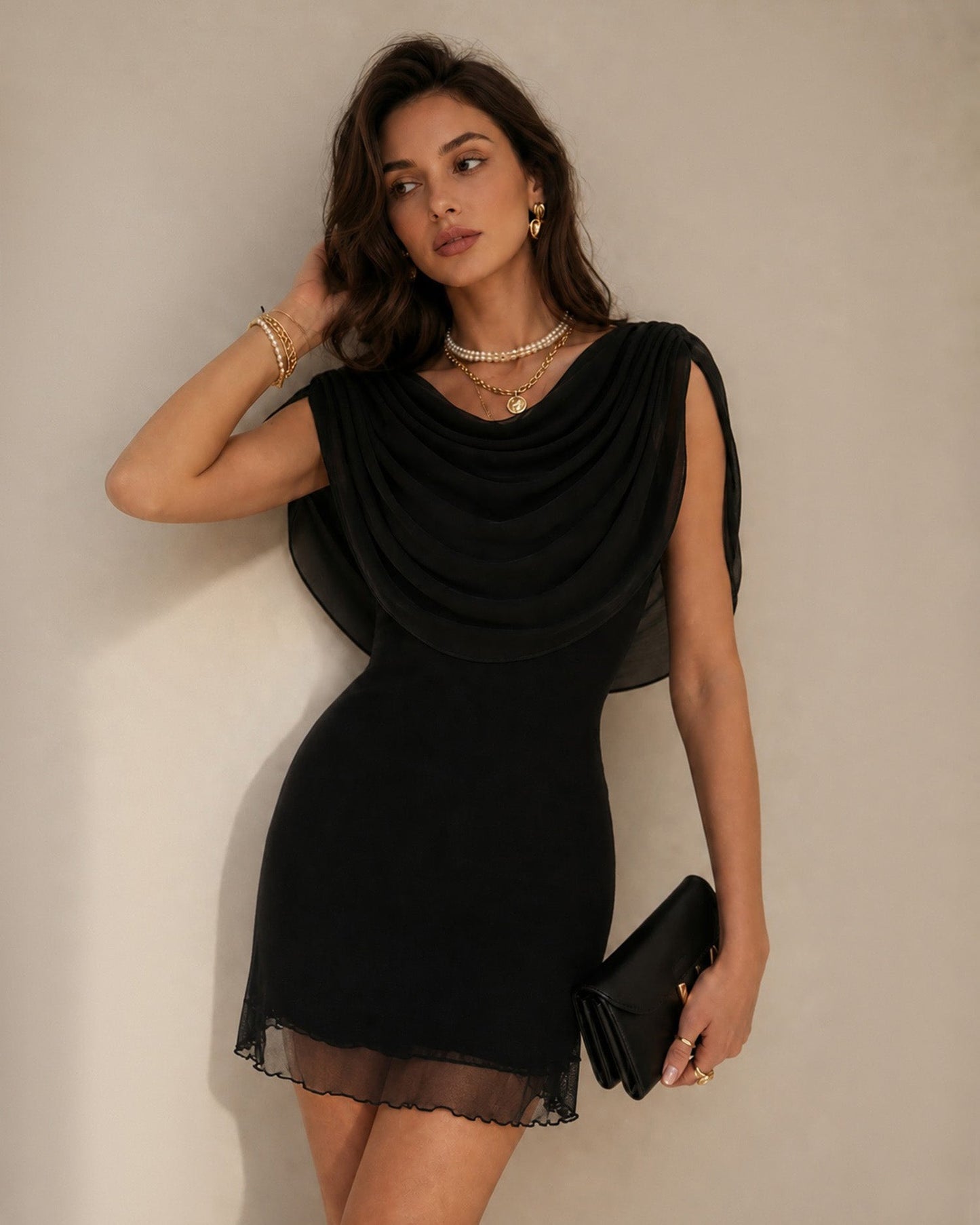 Black Cowl Neck Sleeveless Mini Dress