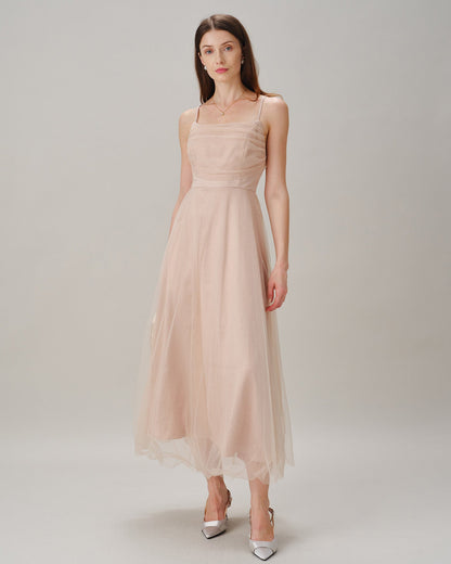 Apricot Pleated Flowy Slip Midi Dress