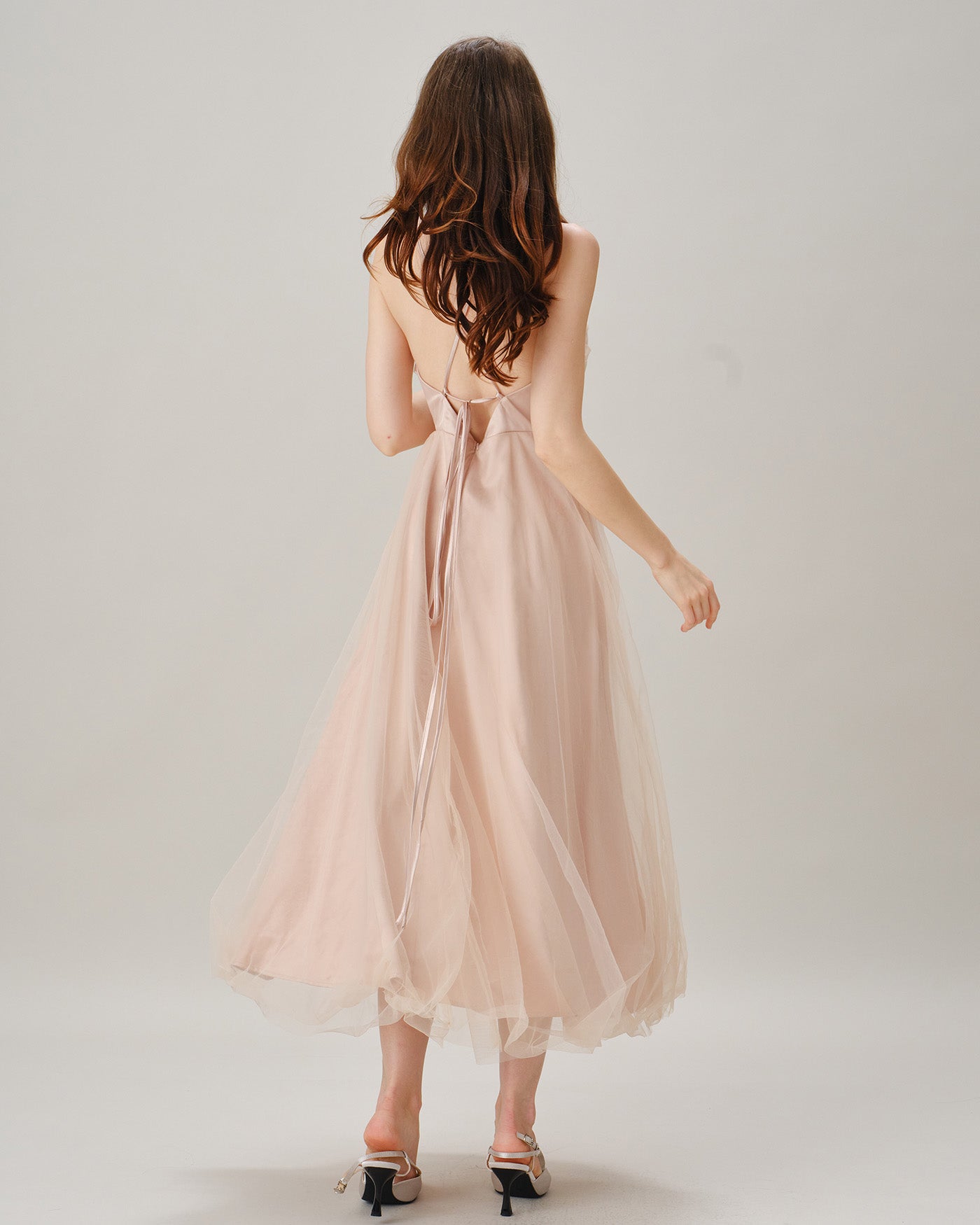Apricot Pleated Flowy Slip Midi Dress