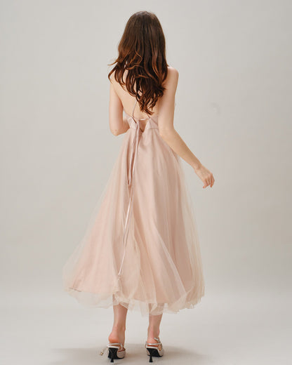 Apricot Pleated Flowy Slip Midi Dress