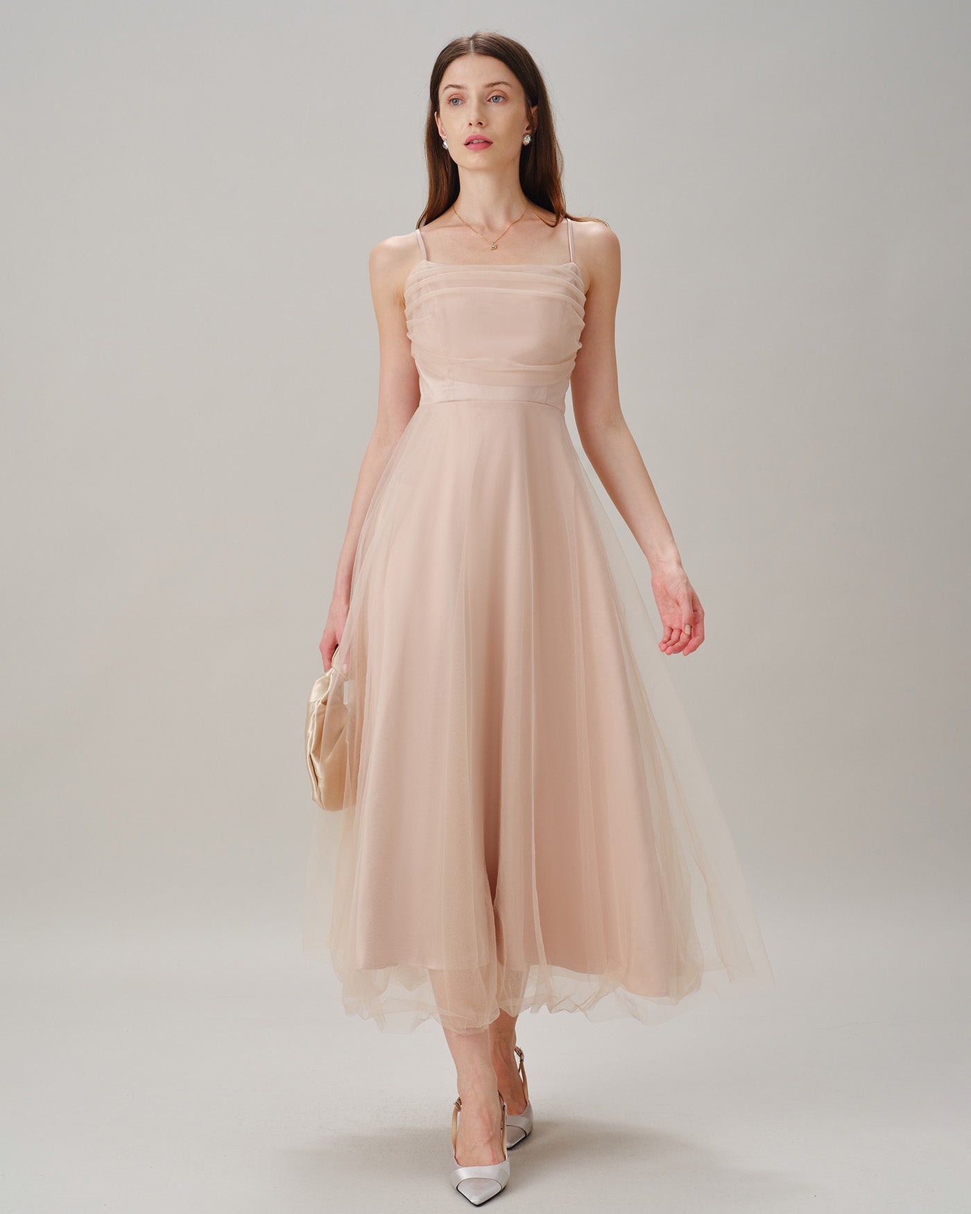 Apricot Pleated Flowy Slip Midi Dress