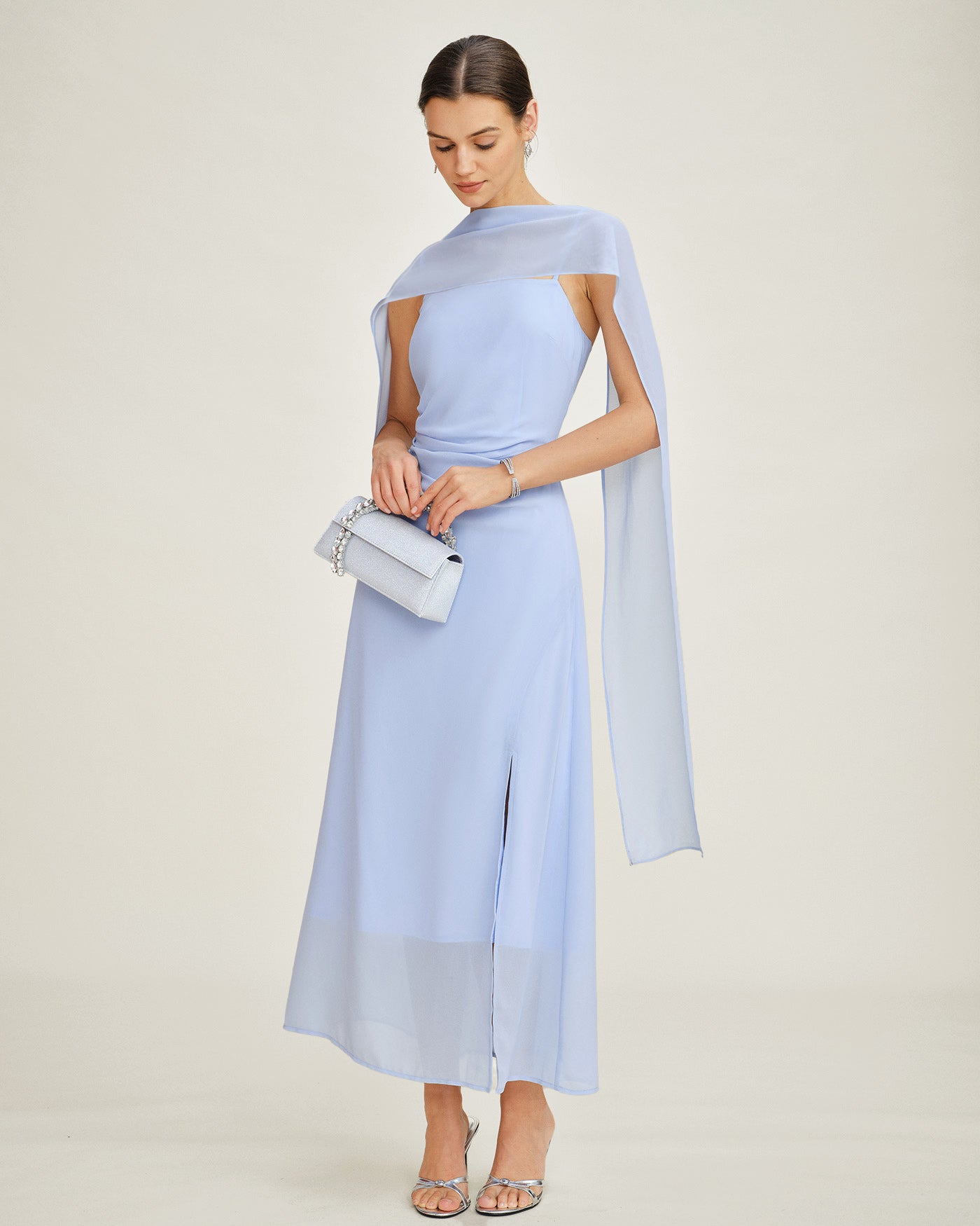 Blue Cowl Neck Strap Chiffon Maxi Dress