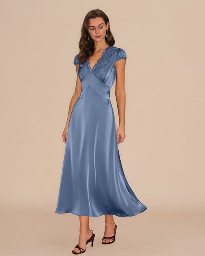 Blue V Neck Lace Tie Maxi Dress