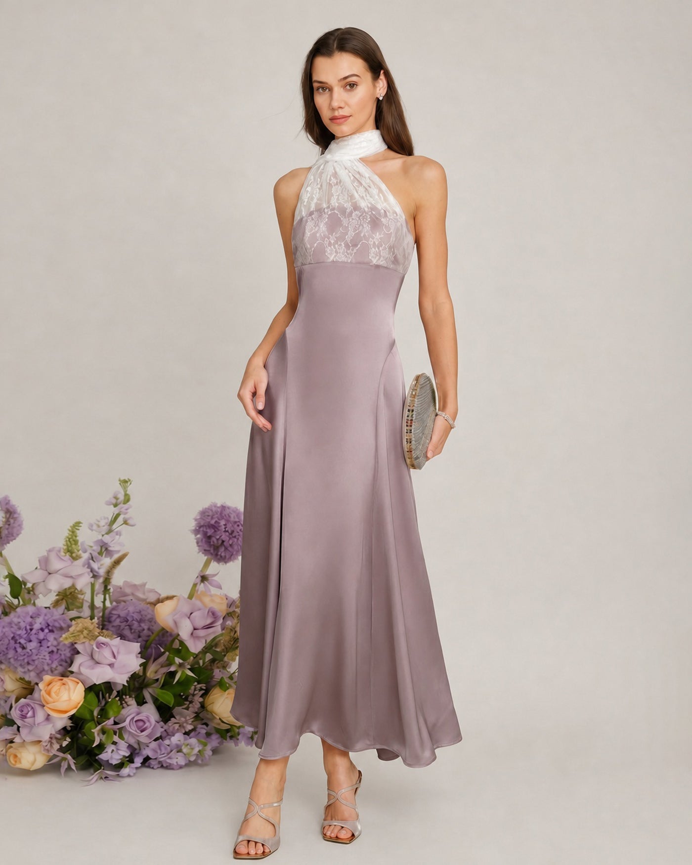 Pink One Shoulder Lace Splicing Maxi Dress
