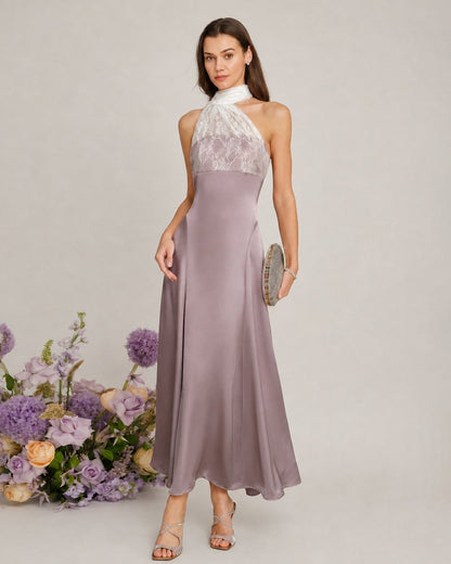 Pink One Shoulder Lace Splicing Maxi Dress