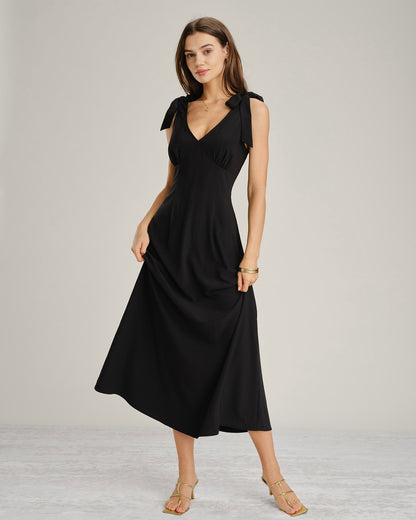 Black Solid Tie Strap A-Line Maxi Dress