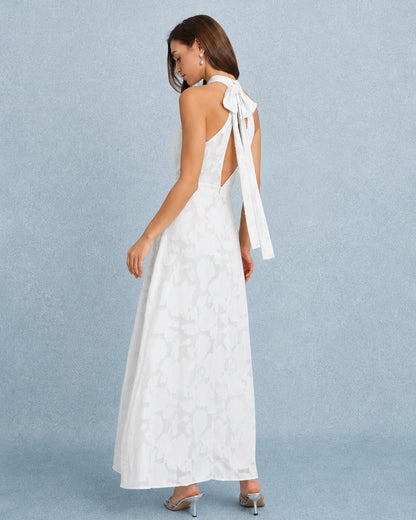 White Backless Bowknot Maxi Dress