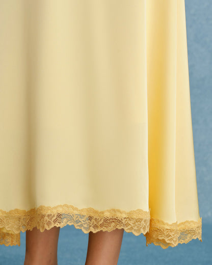 Yellow V Neck Lace Splicing Maxi Dress