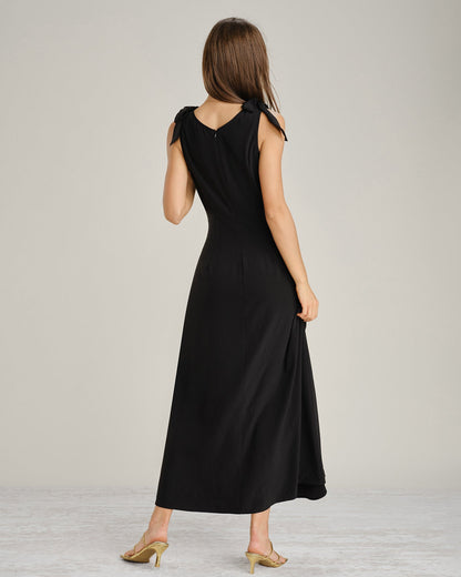 Black Solid Tie Strap A-Line Maxi Dress