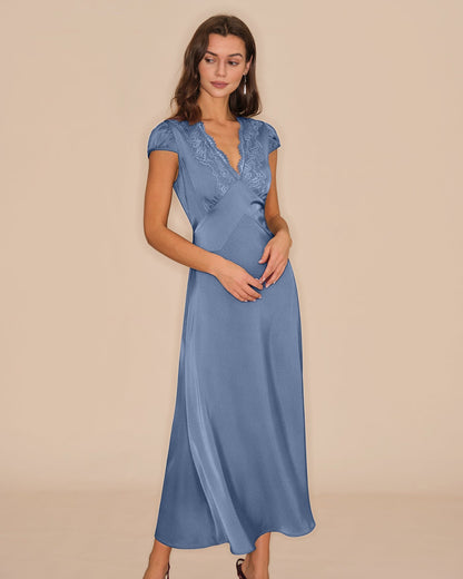 Blue V Neck Lace Tie Maxi Dress