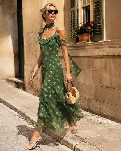 Green V Neck Ruffle Floral Maxi Dress