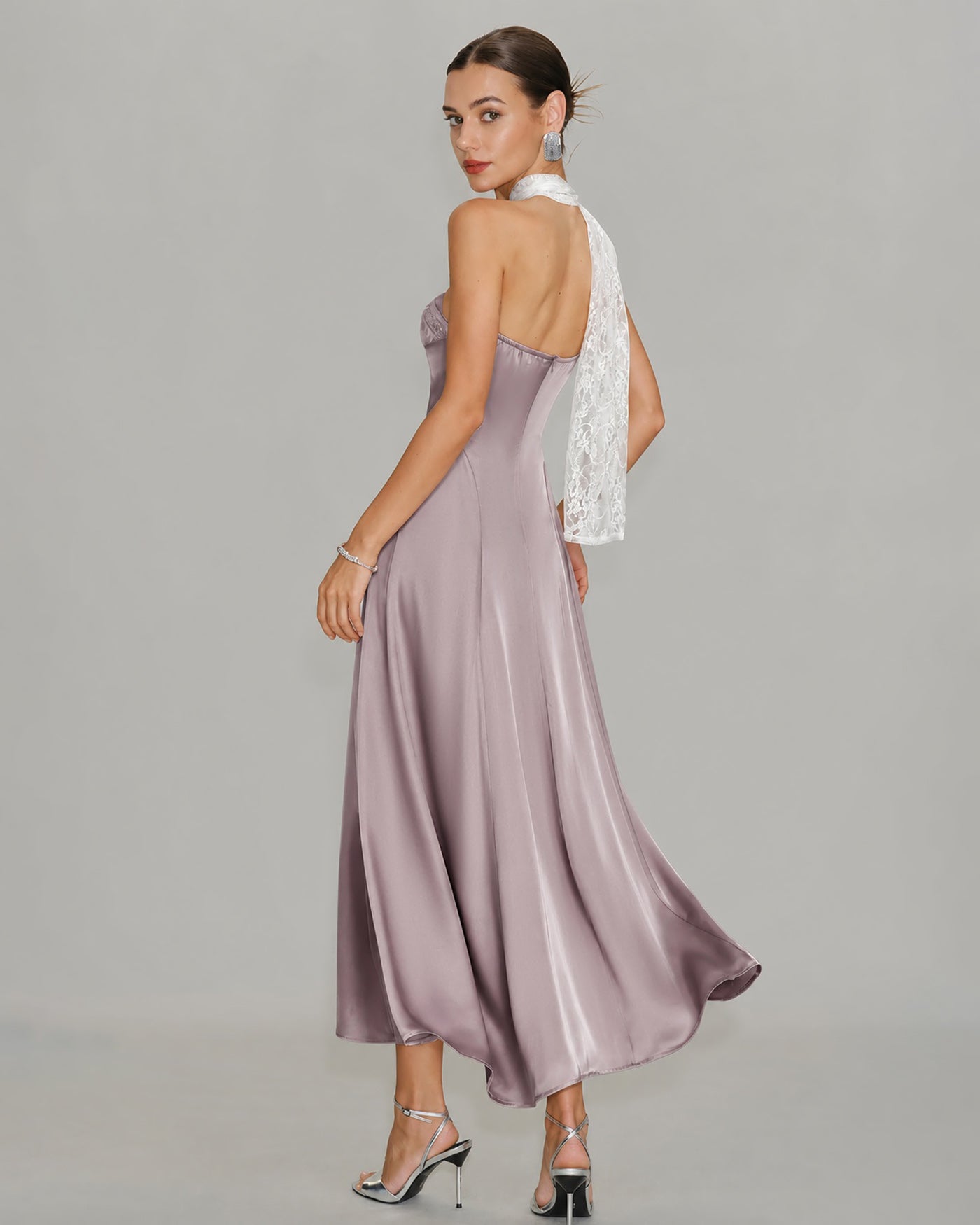 Pink One Shoulder Lace Splicing Maxi Dress
