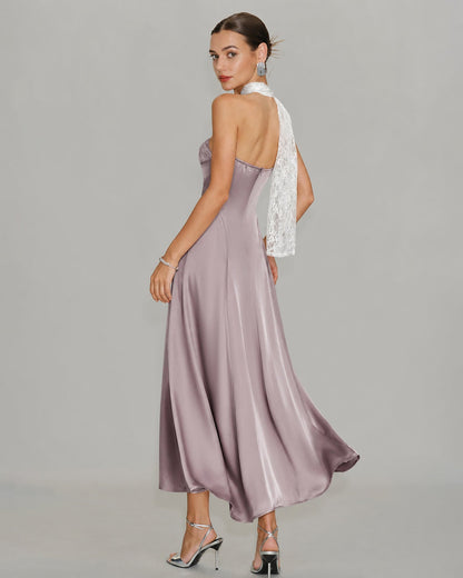 Pink One Shoulder Lace Splicing Maxi Dress