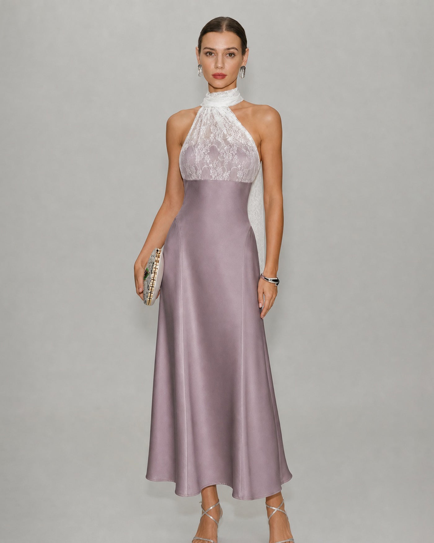 Pink One Shoulder Lace Splicing Maxi Dress